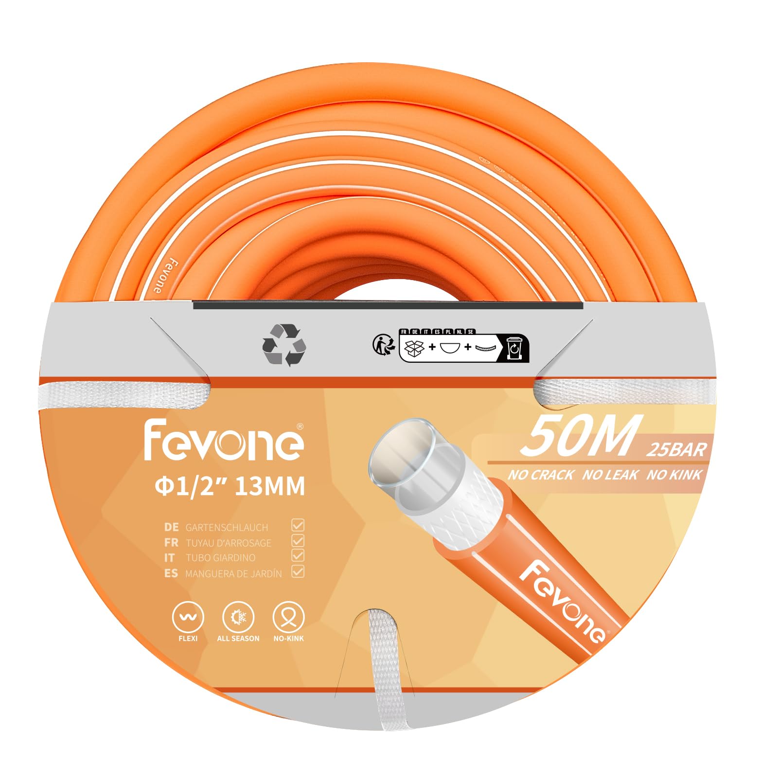 Fevone Tuyau D'Arrosage 20m 13mm (1/2") 4 Couches - Robuste, Anti-Courbure, Noir/Bleu - Pression 25 Bar