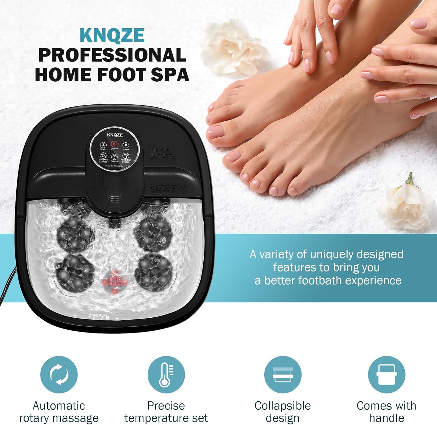 KNQZE Collapsible Foot Spa Electric Foot Bath with Heat, Bubble, Remote, 24 Motorized Shiatsu Massage Balls. Pedicure Soaking tub for Feet Stress Relax (Black)