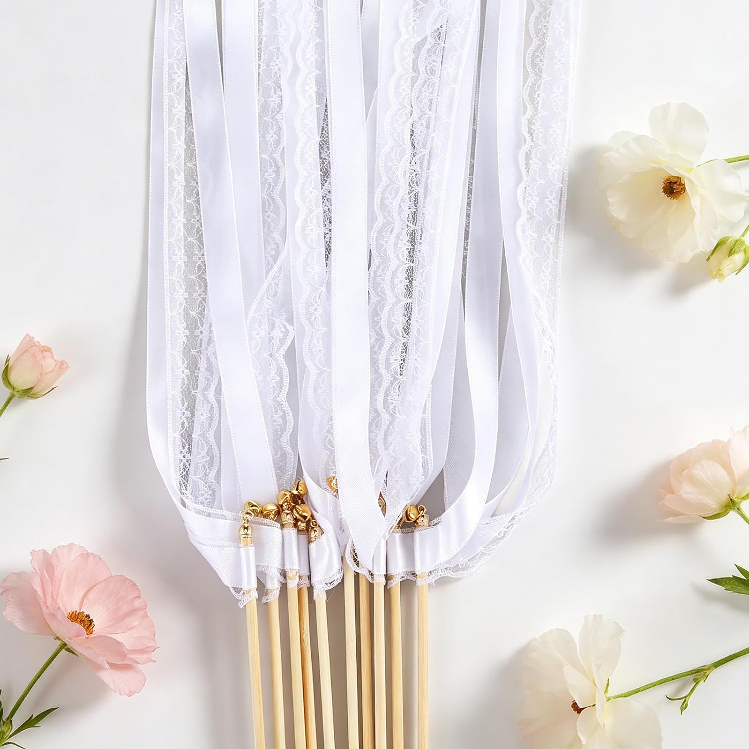 50Pcs Ribbon Sticks with Bells, Silk Lace Fairy Wands for Wedding Party Decor, White Wooden Handle Streamers for Birthday Holiday Celebrations, 12in Stick 24in Ribbon