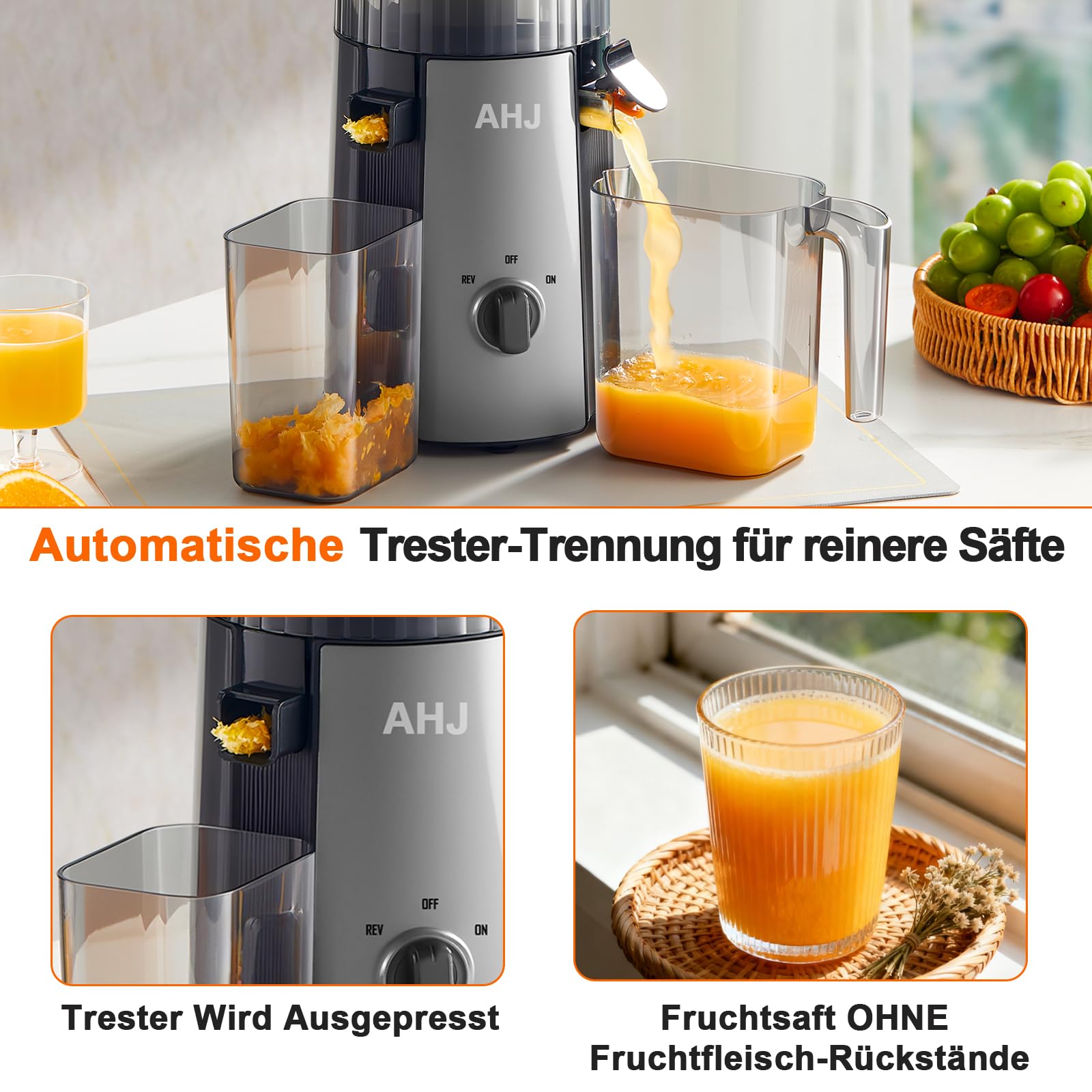 AHJ Entsafter Slow Juicer, 135mm Große Einfüllöffnung,100% BPA-frei, Kaltentsafter für Ganzes Obst & Gemüse, Einfach zu Reinigen,2 Trinkgläser Inklusive, Ideal als Hochzeits- und Geburtstagsgeschenk