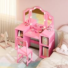 Kids Vanity Table & Chair Set,Wooden Girls Vanity Dressing Table with Touch Light Detachable Tri-Folding Mirror,Open Storage Shelves, Convertible to Writing Desk,Princess Makeup Desk for Girls,Pink