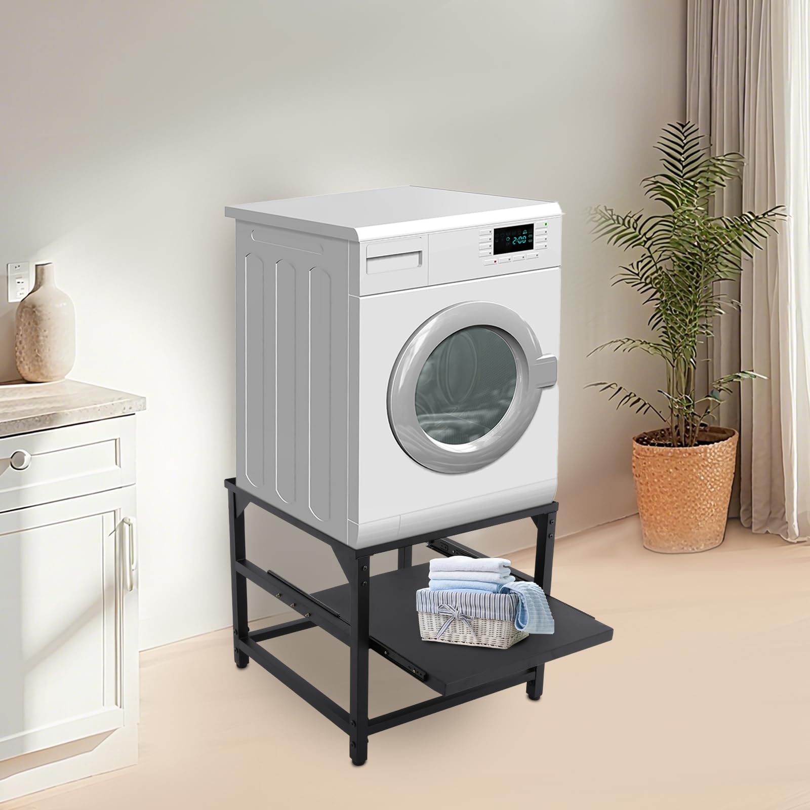 Metal Base for Washing Machine, Dryer Base with Pull-Out Shelves, Max. 150 kg, Adjustable Non-Slip Washing Machine Base, Pedestal Raiser for the Fridge Dryer(24’’x22’’x20.5’’,Black)