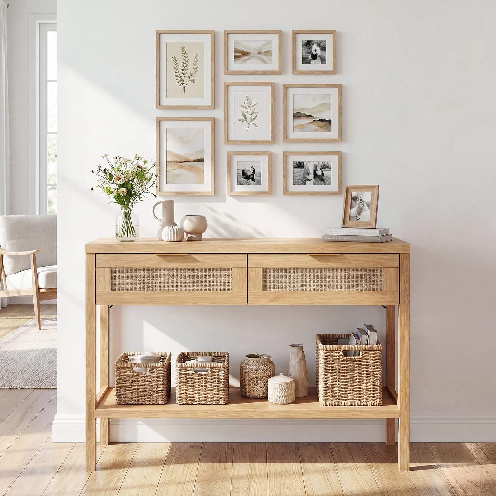 COSTWAY Tavolo Consolle, Tavolino da Divano in Legno con Doppio Cassetto, Ripiano Inferiore e Ampio Piano, Kit Antiribaltamento, Consolle per Ingresso, Corridoio e Soggiorno (Naturale)