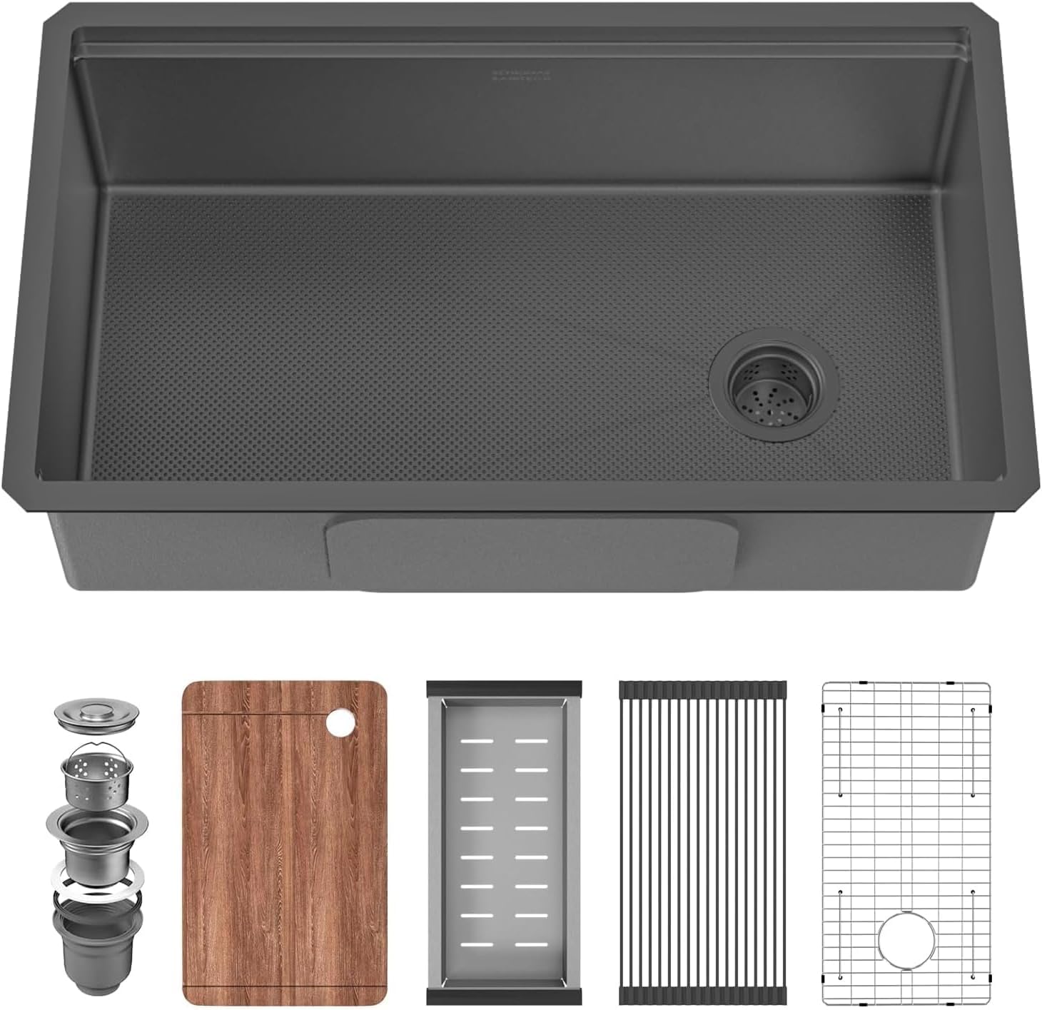 32-Inch Undermount Kitchen Sink, 304 Stainless Steel with Nano Coating, Single Bowl for Workstation, RV, Prep Kitchen, Includes Cutting Board &amp; Roll-Up Dish Rack, and More Accessories (Black)