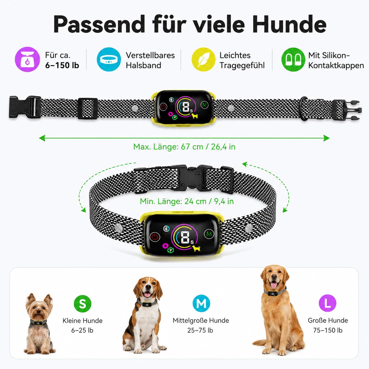 Antibellhalsband für Hunde mit Vibration & Ton, Automatisches Hundehalsband gegen Bellen, Farbdisplay, IP67, Magnetladung, Verstellbares Nylonband