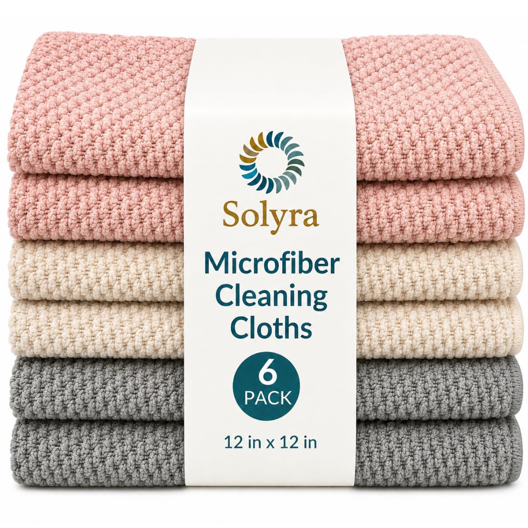 Solyra Oeko-Tex Certified Microfiber Cleaning Cloths – Non-Toxic, Safe for Family & Pets – 6 Pack Kitchen Rags for Counter – 12x12 in, Lint-Free, Absorbent Dish Towels, Dusting Cloths