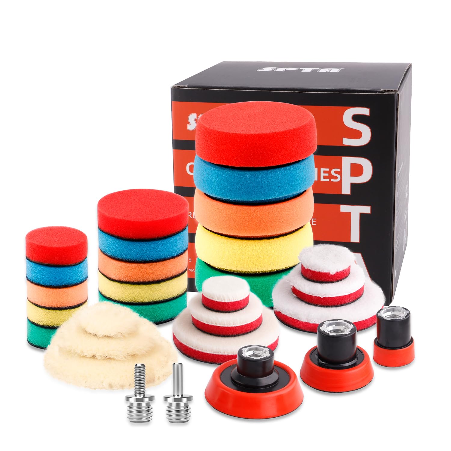 SPTA 29pcs Drill Buffing Pad Detail Polishing Pad Mix Size Kit with 5/8-11 Thread Backing pad & Adapters for Car Sanding, Polishing, Waxing (29Pcs Mini Polishing Pad Set2)