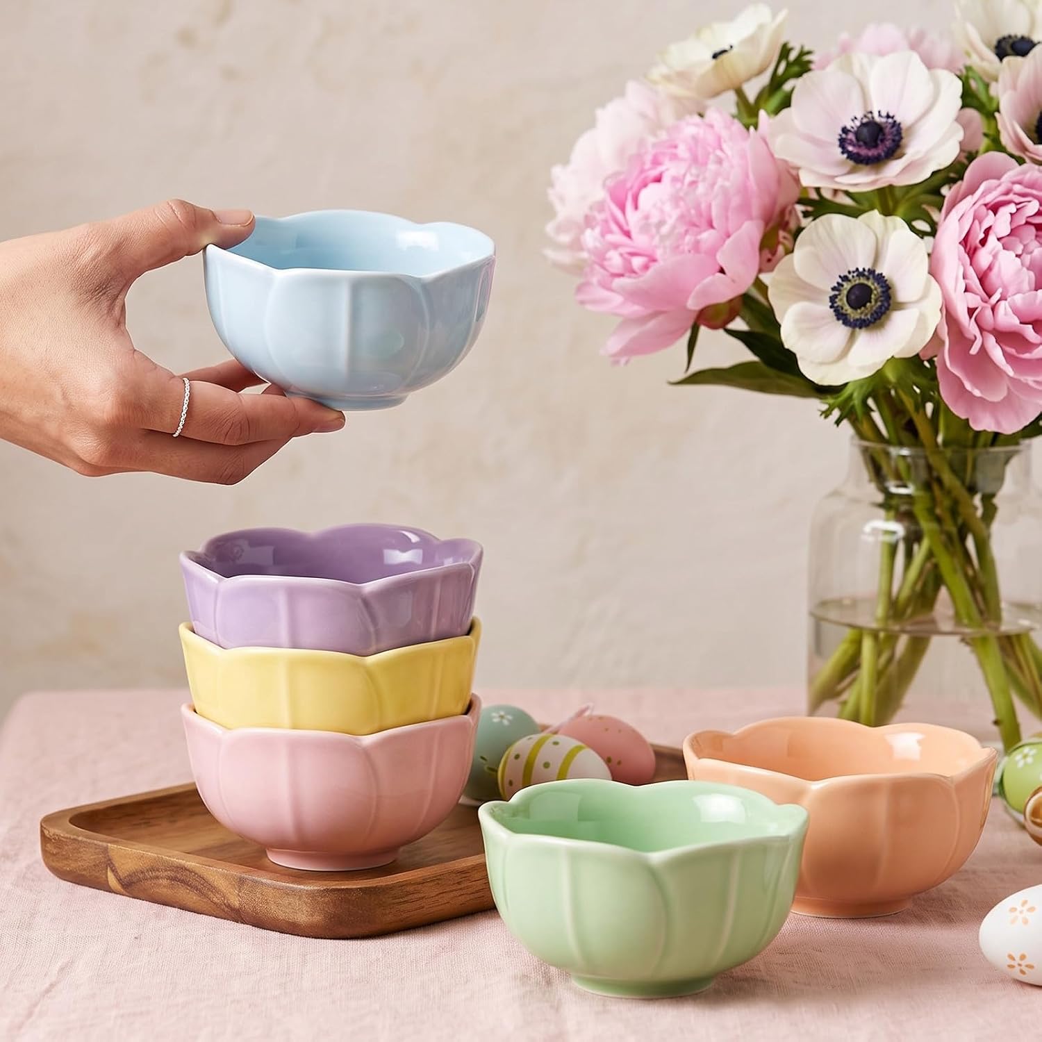 Ferocoff 6 Pcs Small Stoneware Petal Bowls 8.8 oz Cute Flower Ceramic Bowl
