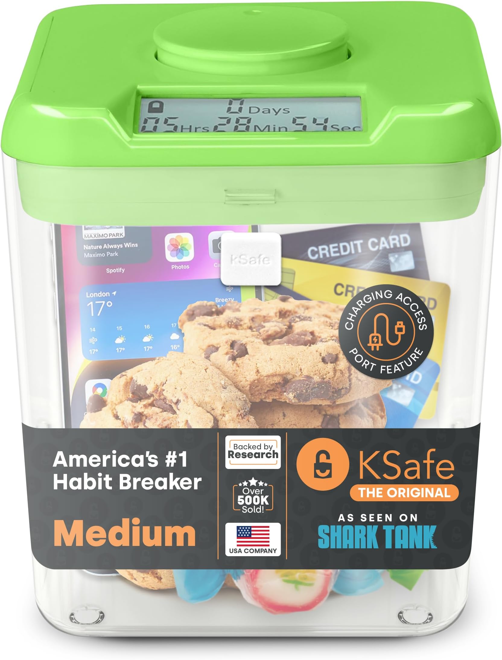 Kitchen Safe Time Locking Container, Green Lid + Clear Base, Height 5.5"