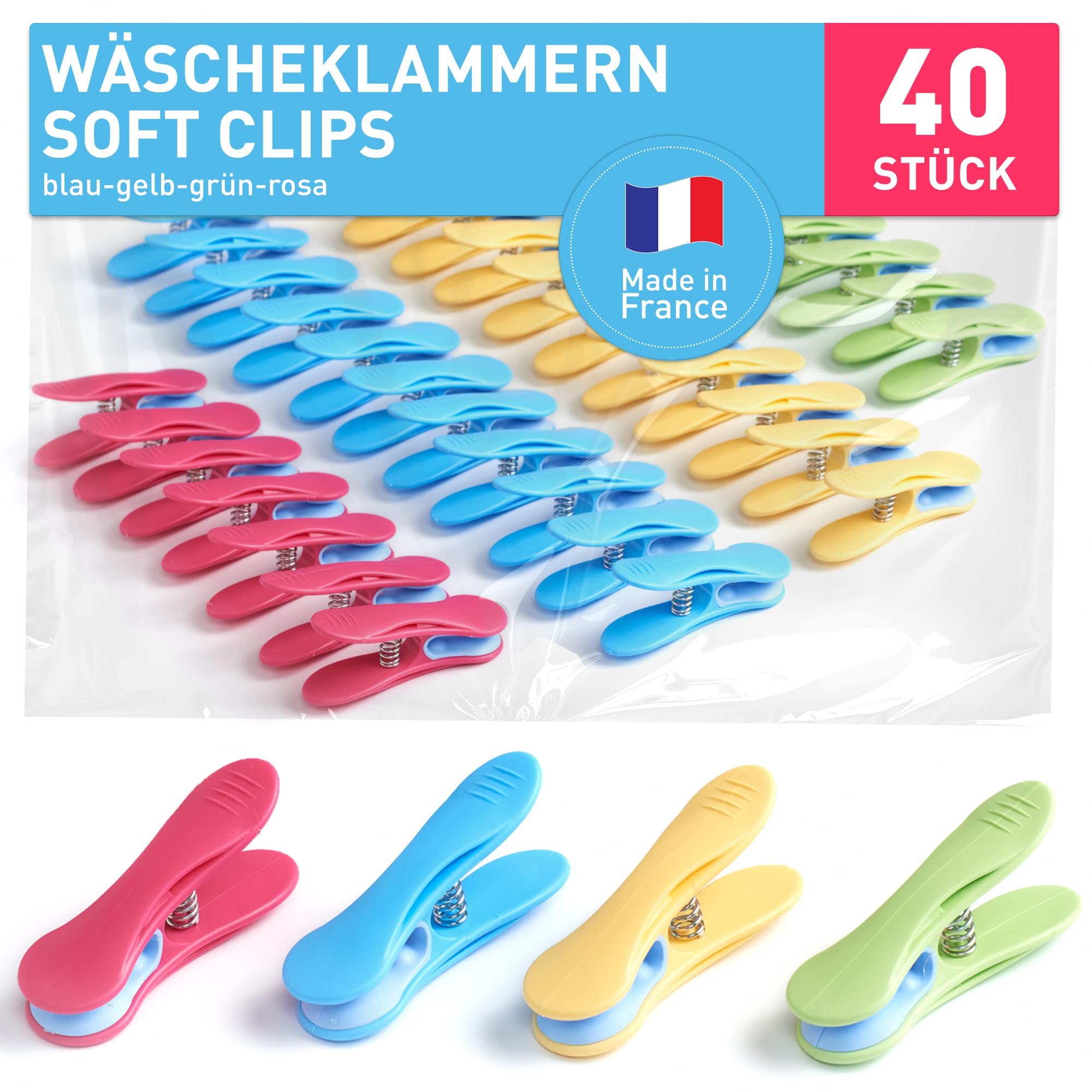 culiclean Wäscheklammern ohne Abdruck, SoftClip, 40x, blau-gelb-grün-rosa | Wäscheklammer SoftClip, stabile Kluppen mit Softgrip, 70 mm, bruchsicher & windfest, UV-beständig, BPA-frei, Made in France