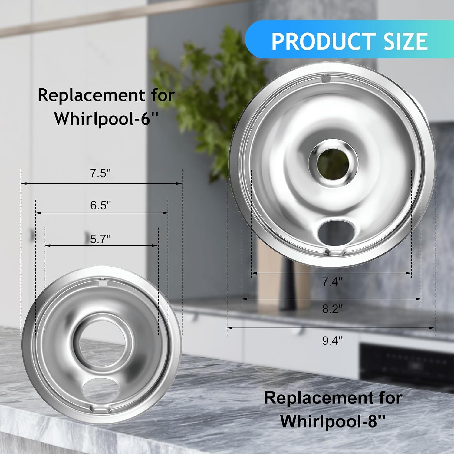Drip Pan Electric Stove Burner Covers for Whirlpool W10278125, 4 Pack(2x6" and 2x8")