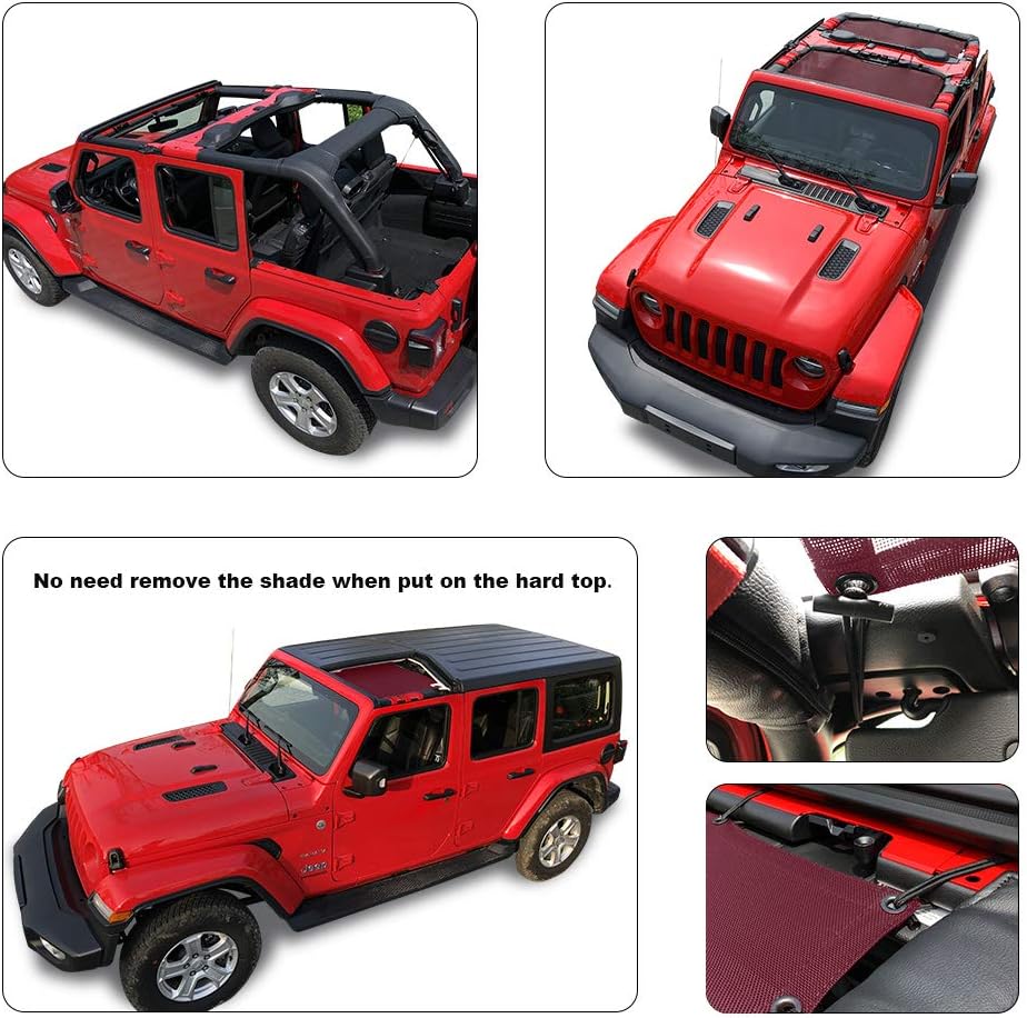 Shadeidea Sun Shade Top for Jeep Wrangler, JL (2018-2023) 4 Door Top Sunshade, Front & Rear - Wine Red JLU Mesh Screen Cover, UV Blocker with Grab Bag Pouch - 10 Year Warranty