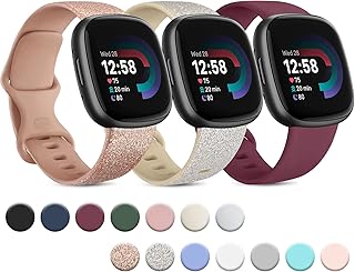 Pack 3 Bands for Fitbit Sense 2 / Fitbit Versa 4 / Fitbit Versa 3 / Fitbit Sense for Women Men, Soft Silicone Strap Adjustable Sport Wristbands for Fitbit Versa 4 / Sense 2 Smartwatch, Small, Glitter Starlight+Glitter Rose Gold+Wine Red
