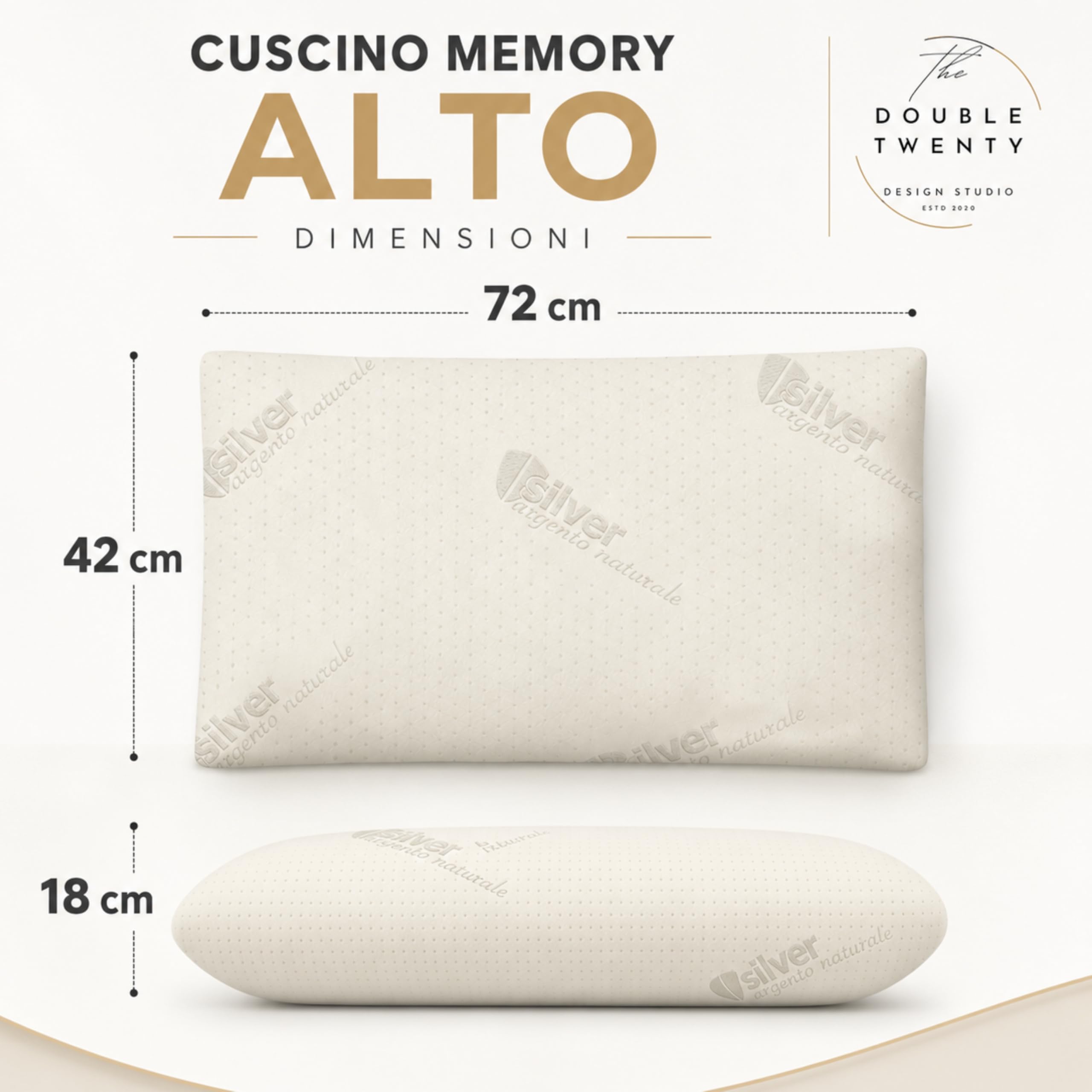 The Double Twenty Cuscino Antirussamento in Memory Foam | Alto 18cm | Antireflusso | Ergonomico e Traspirante | Supporto Ottimale per Collo e Cervicale | Fodera Ipoallergenica in Argento Naturale |