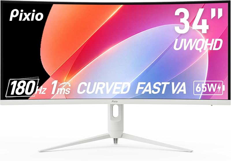 PXC348C Neo White 34" 180Hz Refresh Rate UWQHD 1440p Ultrawide Resolution 1000R Curve Fast VA Panel 1ms Response Time USB-C Displayport 65W Charging Adaptive Sync HDR Curved Gaming Monitor