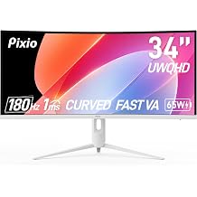 Pixio PXC348C Neo White 34" 180Hz Refresh Rate UWQHD 1440p Ultrawide Resolution 1000R Curve Fast VA Panel 1ms Response Time USB-C Displayport 65W Charging Adaptive Sync HDR Curved Gaming Monitor