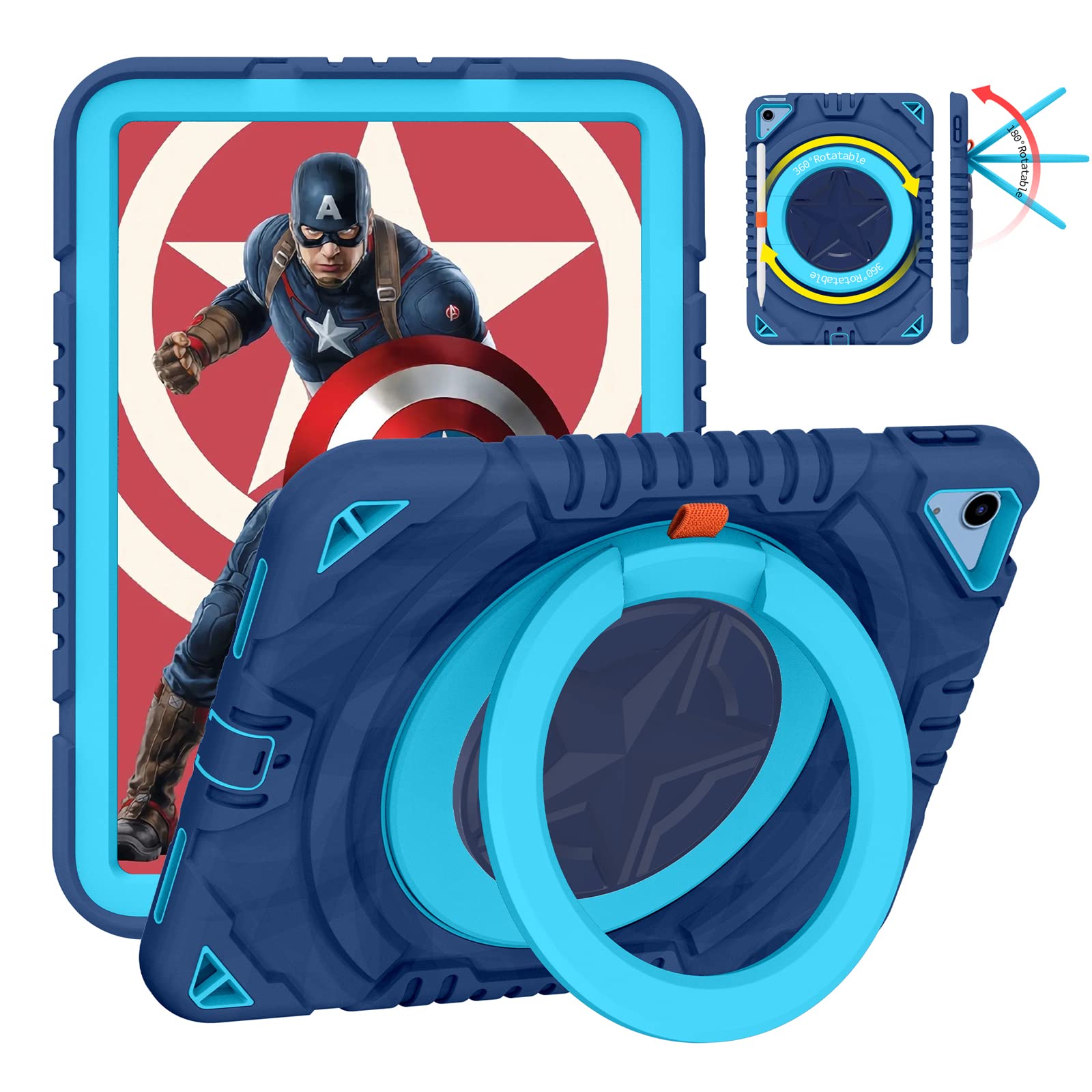 XZC Case for iPad (A16) 11th Generation 11 Inch 2025/ iPad 10th Generation 10.9 Inch 2022 Heavy Duty Shockproof Bumper Cover with 360 Rotating Stand/Pencil Holder/Strap (Blue 1)