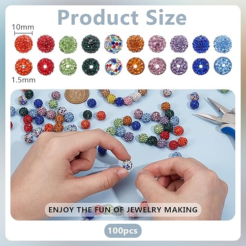 Miniatura 60 de PH PandaHall Alrededor de 100 cuentas de diamantes de imitación rojos de 0.394 pulgadas (0.394 in) cuentas de arcilla polimérica con cuentas