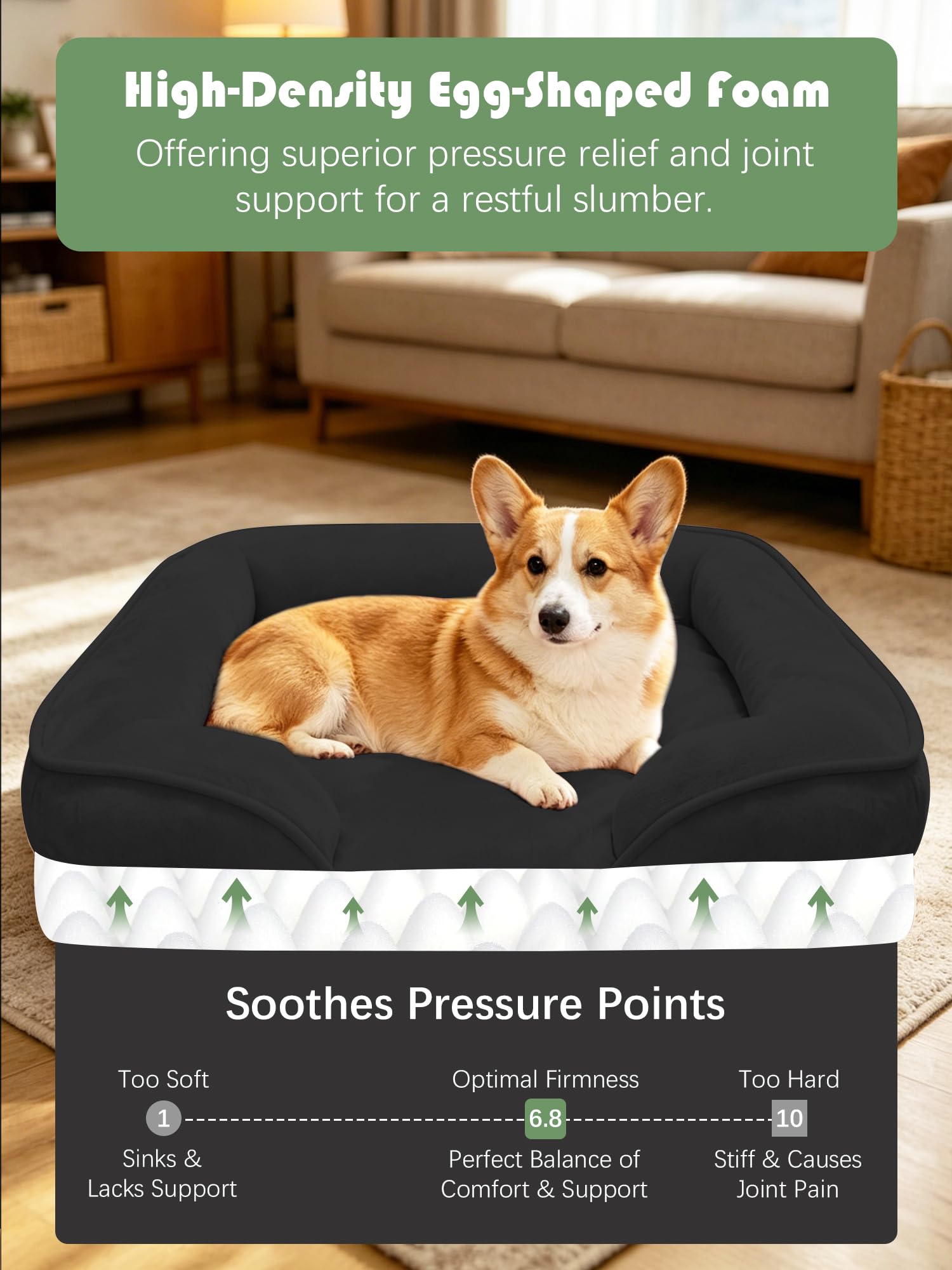 Spotted Play Orthopedic Dog Bed with Sides - Sofa Beds for Medium Dogs, Supportive Foam Pet Couch Bed with Washable Removable Cover, Waterproof Lining and Non-Slip Bottom, Black - M view 4