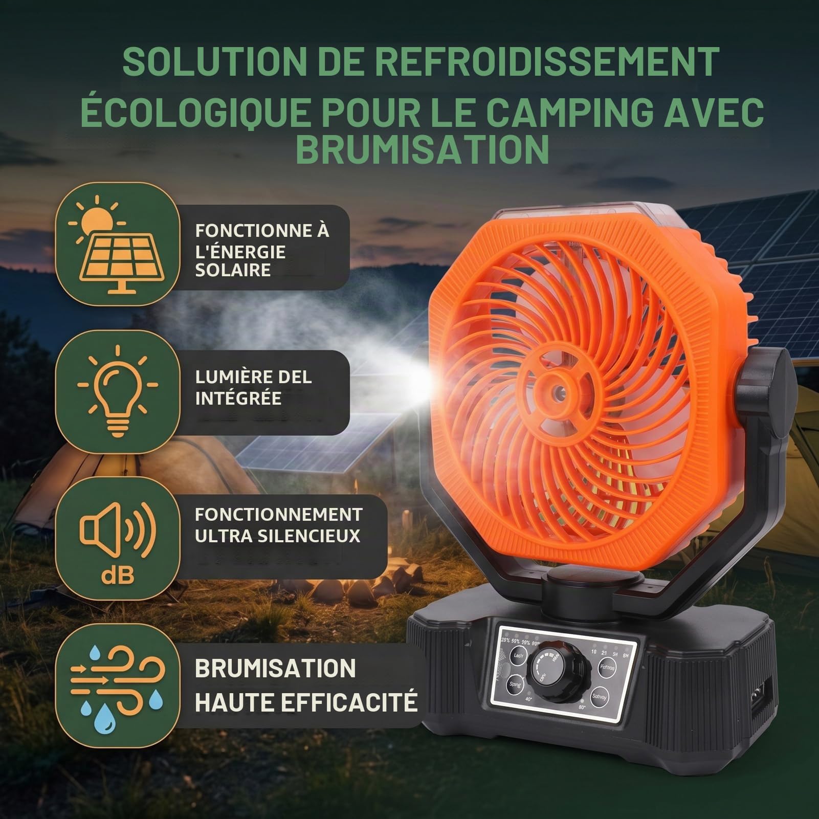 Ausla Ventilateur Brumisateur Solaire, Ventilateur de Refroidissement Portable Rechargeable à 8 Vitesses avec Lumière LED, Réservoir D’eau de 180 Ml, Batterie de 10 000 MAh, pour