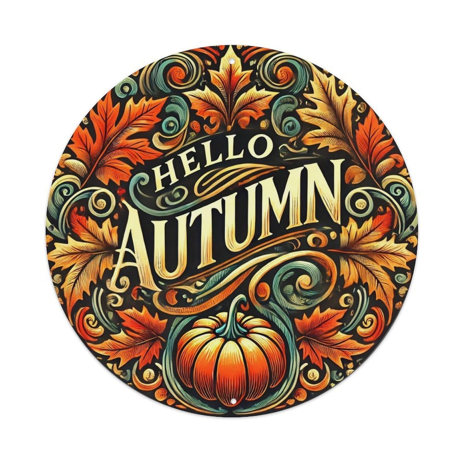 Autumn Leaves Pumpkin Swirls Pattern Metal Tin Sign Plaque