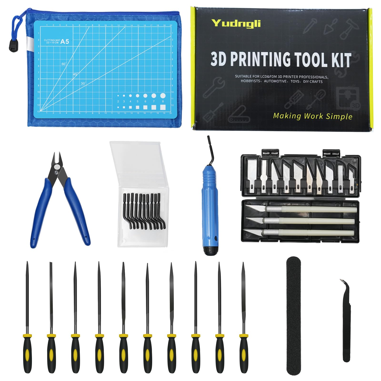 39 Piece 3D Printer Tool Kit with Deburring Tool 3D Printer Accessories for Cleaning, Resin Printing Includes Needle Files, Blades, Tweezers, Pliers, and Storage Bag Yudngli