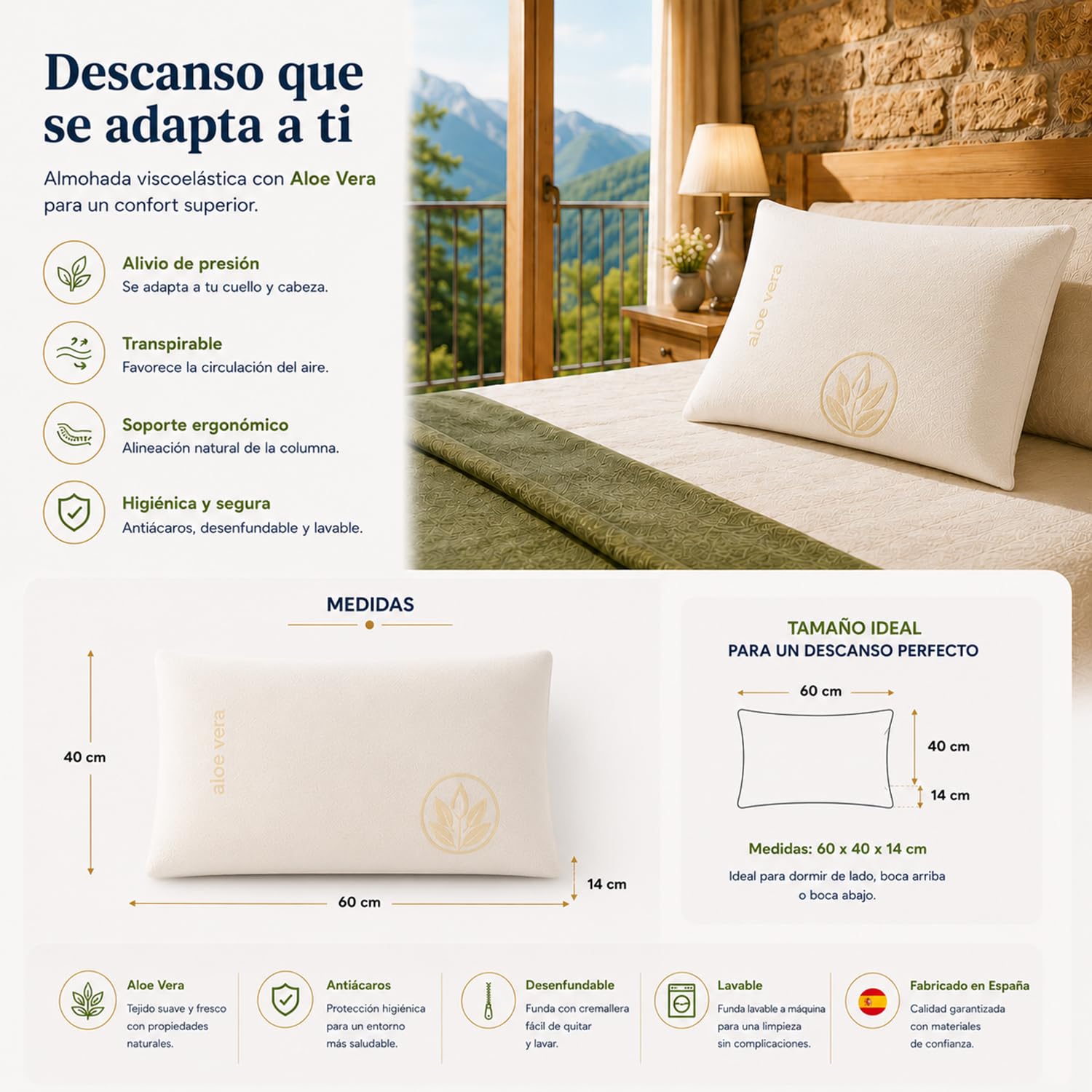 Almohada Viscoelastica Pack 4 Almohadas 60x40 Aloe Vera Desenfundables | Viscoelástica, Pack de 4 Unidades, 60x40 cm, Aloe Vera, Funda, para Dormir