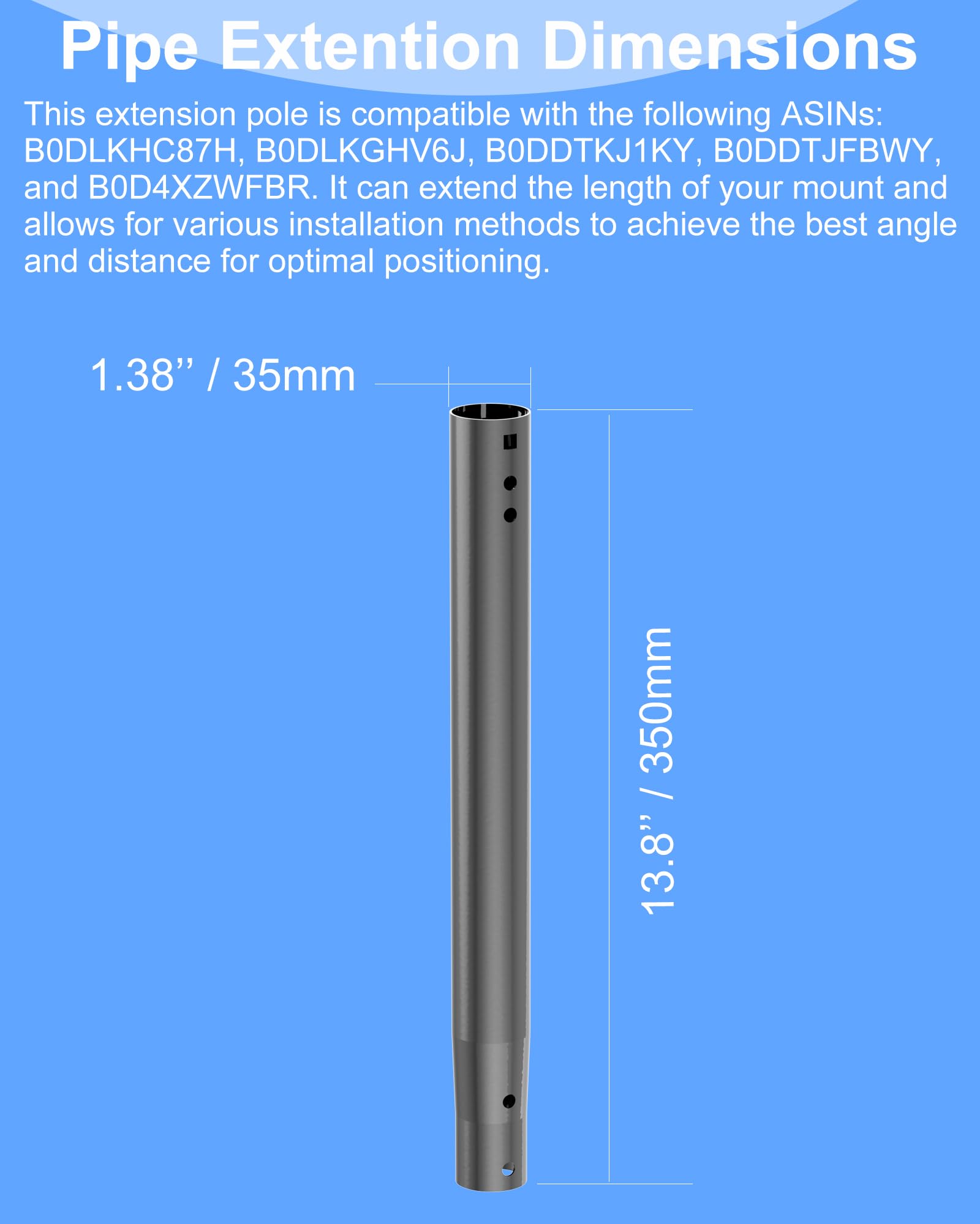 14'' Antenna Pole Mount Extension Tube with Two Mounting Holes, Compatibility with ASIN B0DDTJFBWY and B0DLKHC87H, Extender Pipe Bracket Rod Allows for Length Adjustment Black