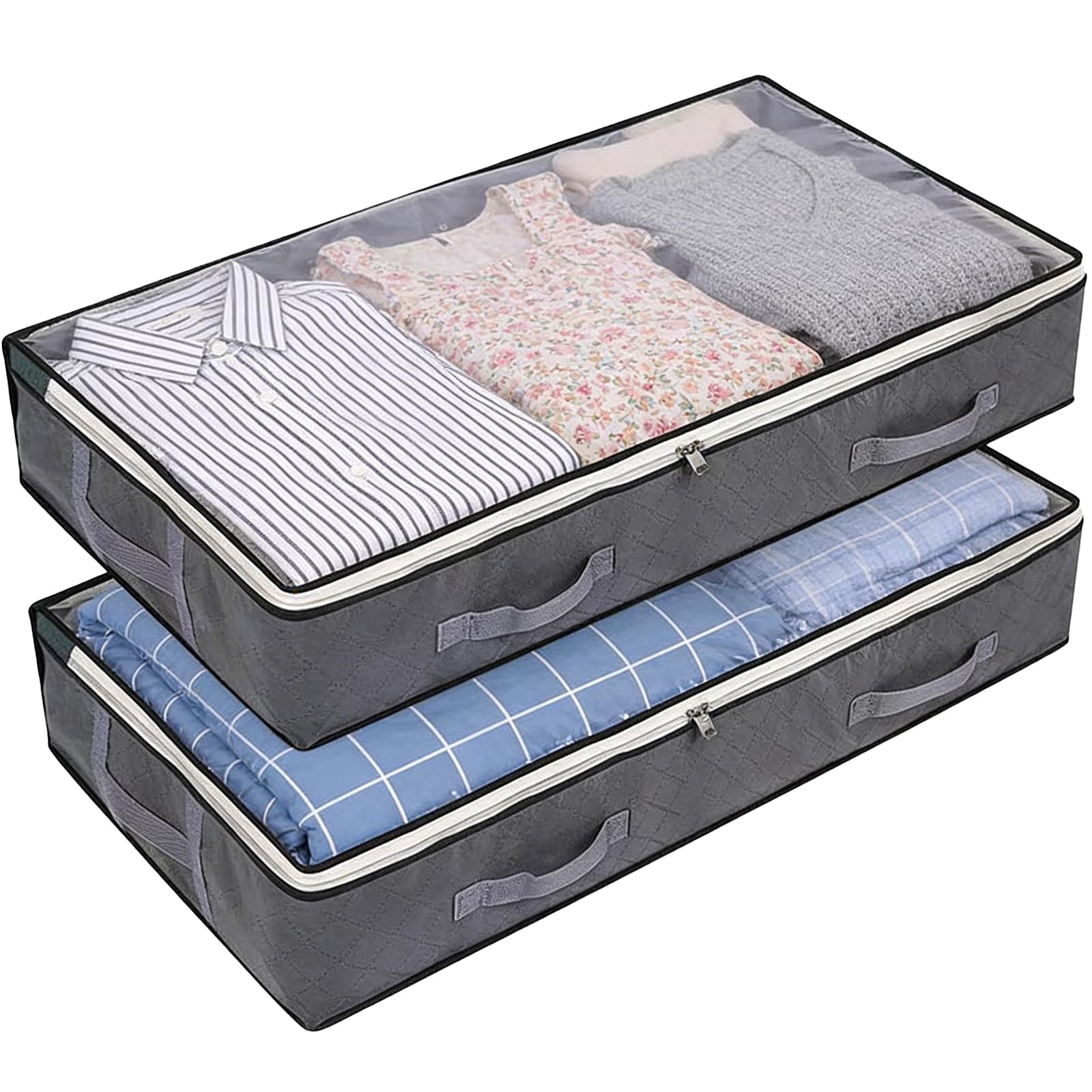 YiZhou 2-Pack 75L Underbed Storage Bags with PVC Window | Foldable Organiser Box for Clothes, Duvets & Bedding | Reinforced Handles, 100x50x15cm, Grey