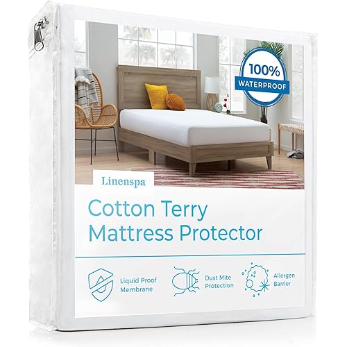 Linenspa Cotton Terry Waterproof Mattress Protector - Top Protection - King Mattress Protector,White