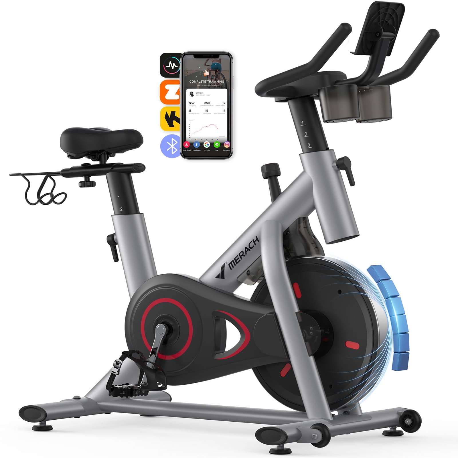 MERACHExercise Bike, Brake Pad/Magnetic Stationary Bike with Exclusive App, Low Noise Indoor Cycling Bike with 270lbs Weight Capacity, Dumbbell Rack and Fitness Courses for Weight Loss