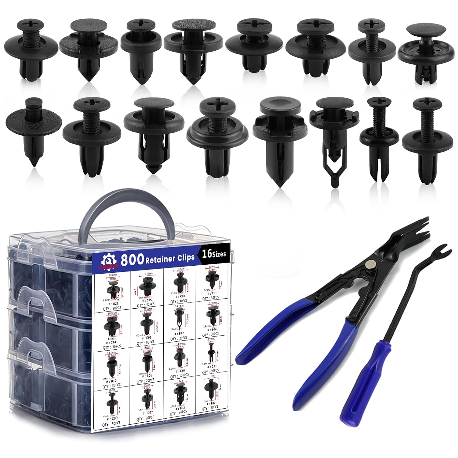 Car Push Retainer Clips 802PCS Auto Fasteners Assortment-16 Most Popular Sizes Nylon Bumper Fender Rivets with Blue Fastener Remover Panel Clip Pliers for Ford GM Toyota Honda Chrysler Benz Nissan