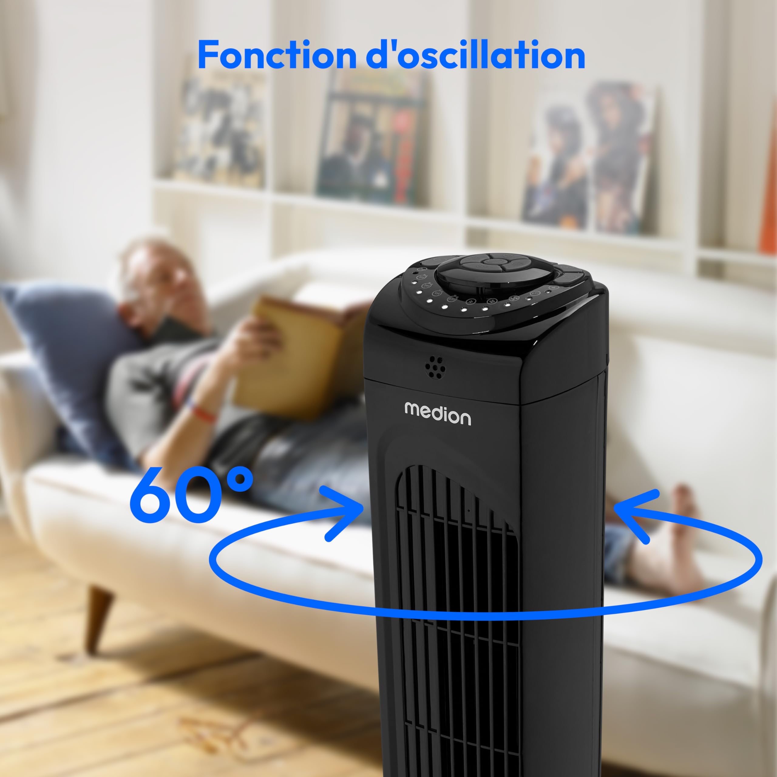 MEDION E11 TF Ventilateur colonne avec télécommande (3 vitesses, mode sommeil silencieux, 45 W, oscillation horizontale 60°, minuterie, MD12067) noir