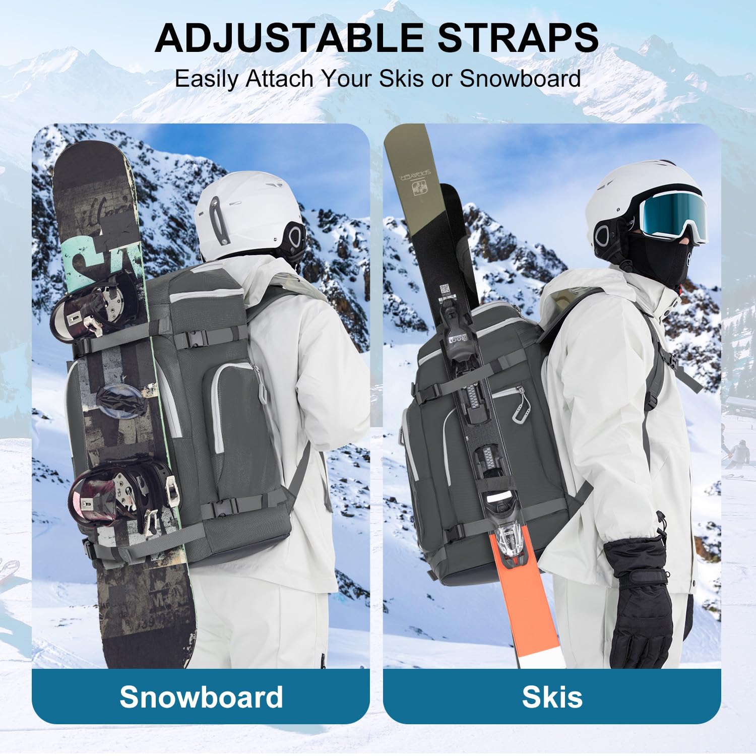 Borse per Scarponi Sci, 65L Zaino per Scarponi da Sci Snowboard con Scomparto per Casco, Giacca, Occhiali, Guanti, Borsa da Sci, Snowboard, Pattini, Pattini in Linea