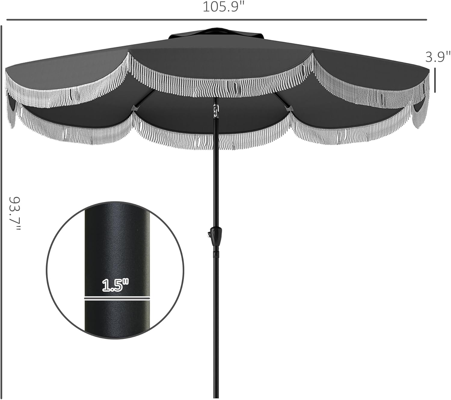 Diagram showing the dimensions of the 9FT patio umbrella