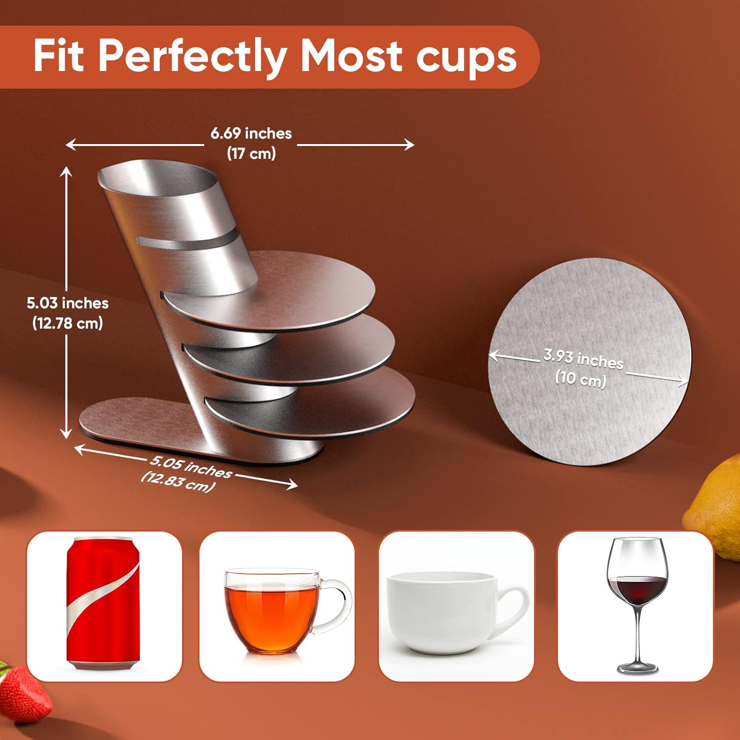 Cup Coasters, Newness Cup Coasters Set with Decorative Rack, Stainless Steel Tabletop Display Round Cup Coaster with Holder, Silver, Set of 4 - Image 5