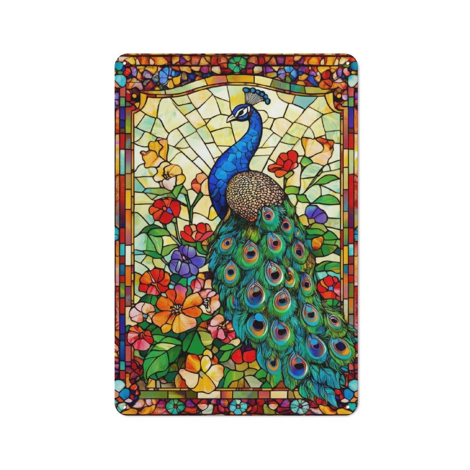 Junmoney Stained Glass Peacock Rustic Tin Sign 30X20cm Featuring For Bar Or Restaurant, A Housewarming Gift For Bar Decor Enthusiasts