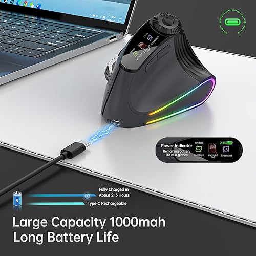 Miniatura 3 de Ratón inalámbrico ergonómico vertical  Clic silencioso, triple modo (2.4 G + BT5.0 × 2), DPI ajustable hasta 4800, luz de ciclismo automática de 7