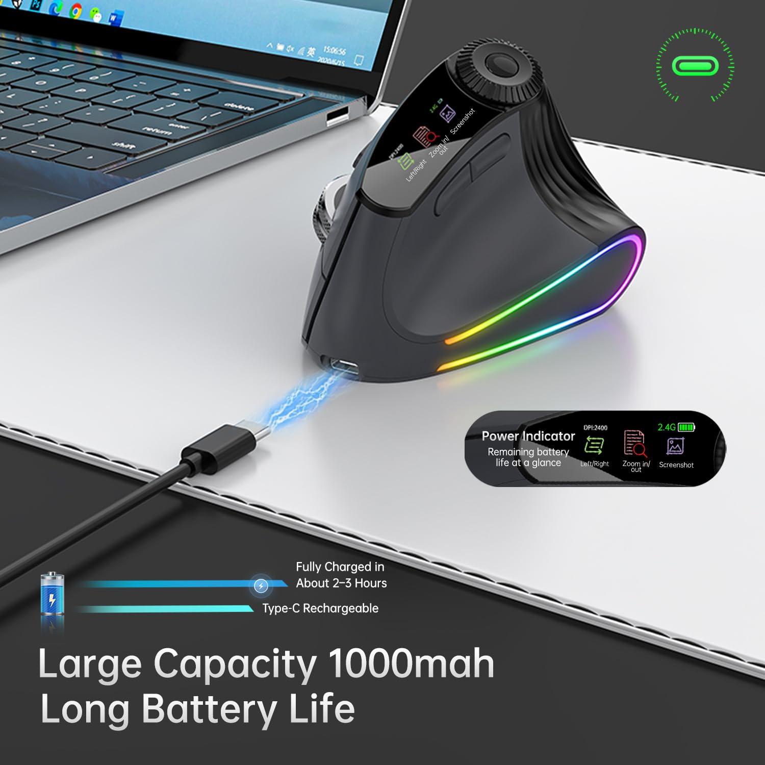 Mouse verticale ergonomico senza fili, ricaricabile Bluetooth ultraveloce scorrimento 4800 DPI, mouse Ergo 2.4G silenzioso clic 6 pulsanti mouse ottici RGB, 3 connettività multi-dispositivo