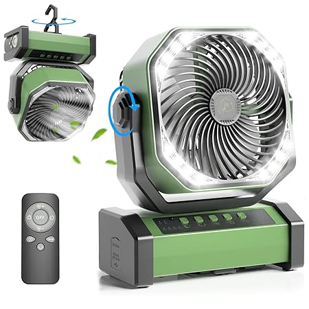 20000mAh Rechargeable Battery Operated Fan, Auto-Oscillating Desk Fan with Remote & Hook & Led Light,4 Speeds 4 Timers USB Fan Table Fan for Camping Jobsite Hurricane Emergency