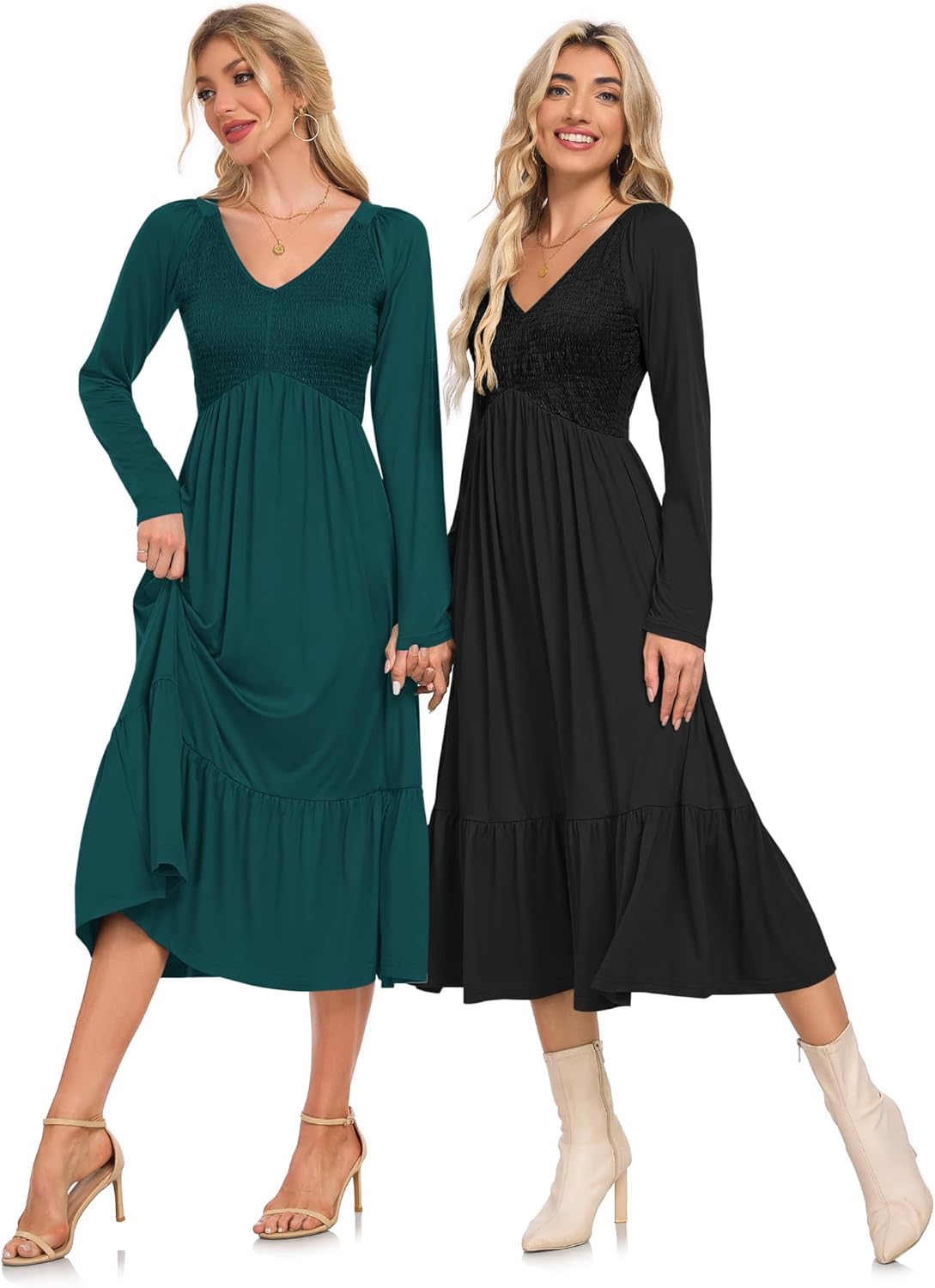 AUSELILY Women's Fall Empire Waist Dress 2025 Smocked Flutter Long Sleeve V Neck Flowy Tiered Midi Long Dresses - Image 5