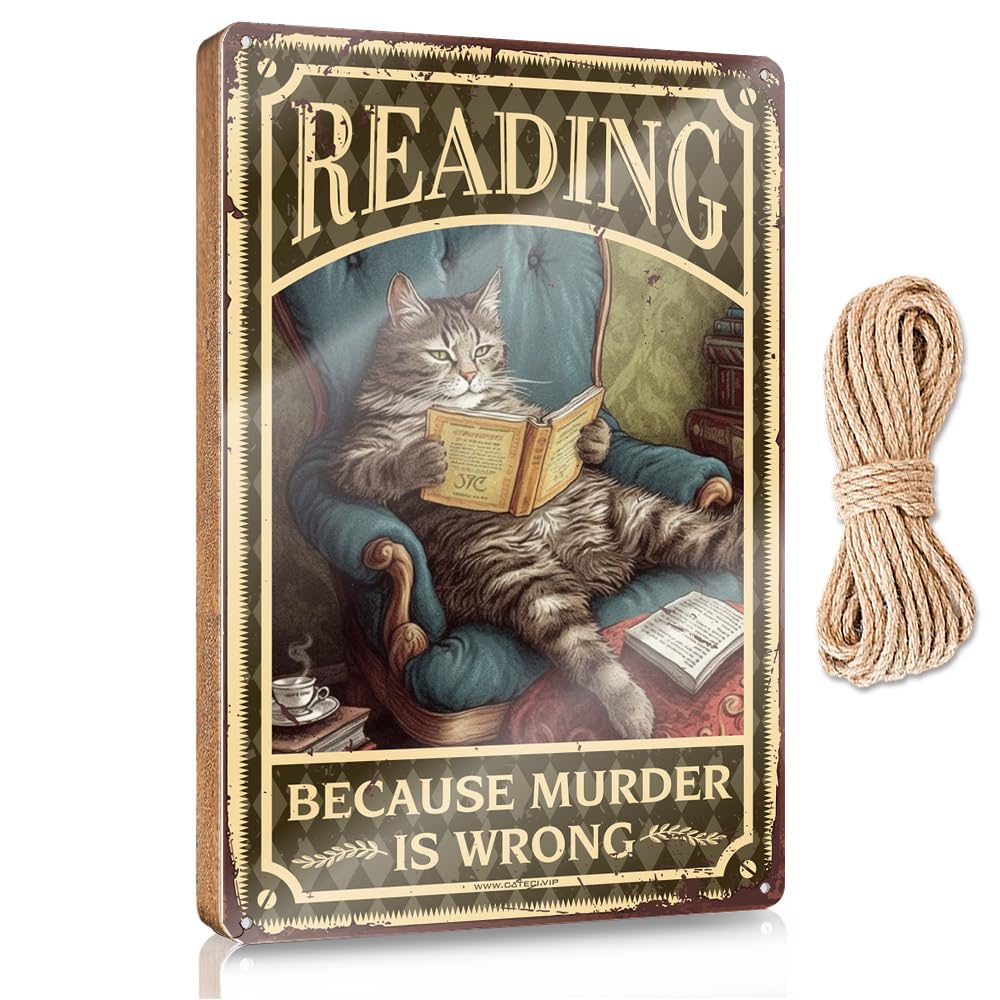 MAHQPZXSF Wood Plaque Hanging Sign Cat Reading Because Murder Is Wrong Wooden Sign Door Sign For Bedroom Fun Stuff(23X35CM)