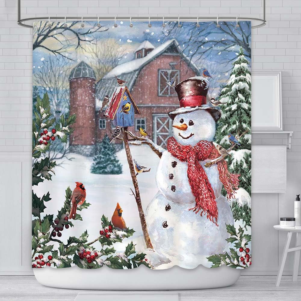 AIBIIN Christmas Shower Curtain Set with 12 Hooks Winter Outdoor Snowman Snowflake Snow Pine Tree Bathroom Curtain Durable Waterproof Fabric Home Decoration 180x180cm