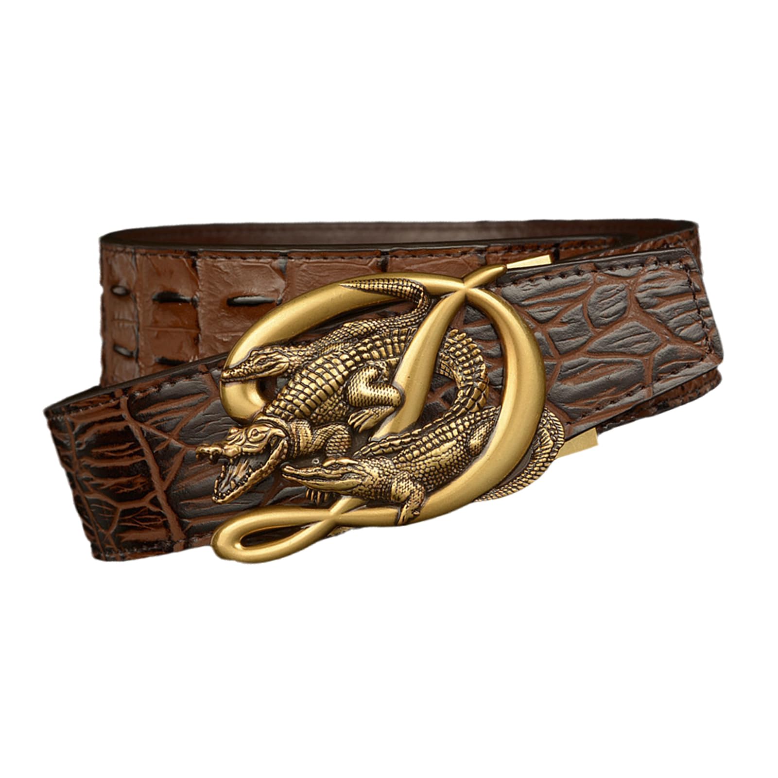 Cinturón De Trinquete Deslizante Cuero Con Patrón Cocodrilo, Hebilla Automática Grabada Animales, Cinturón Ocio Occidental, 130cm, Negro