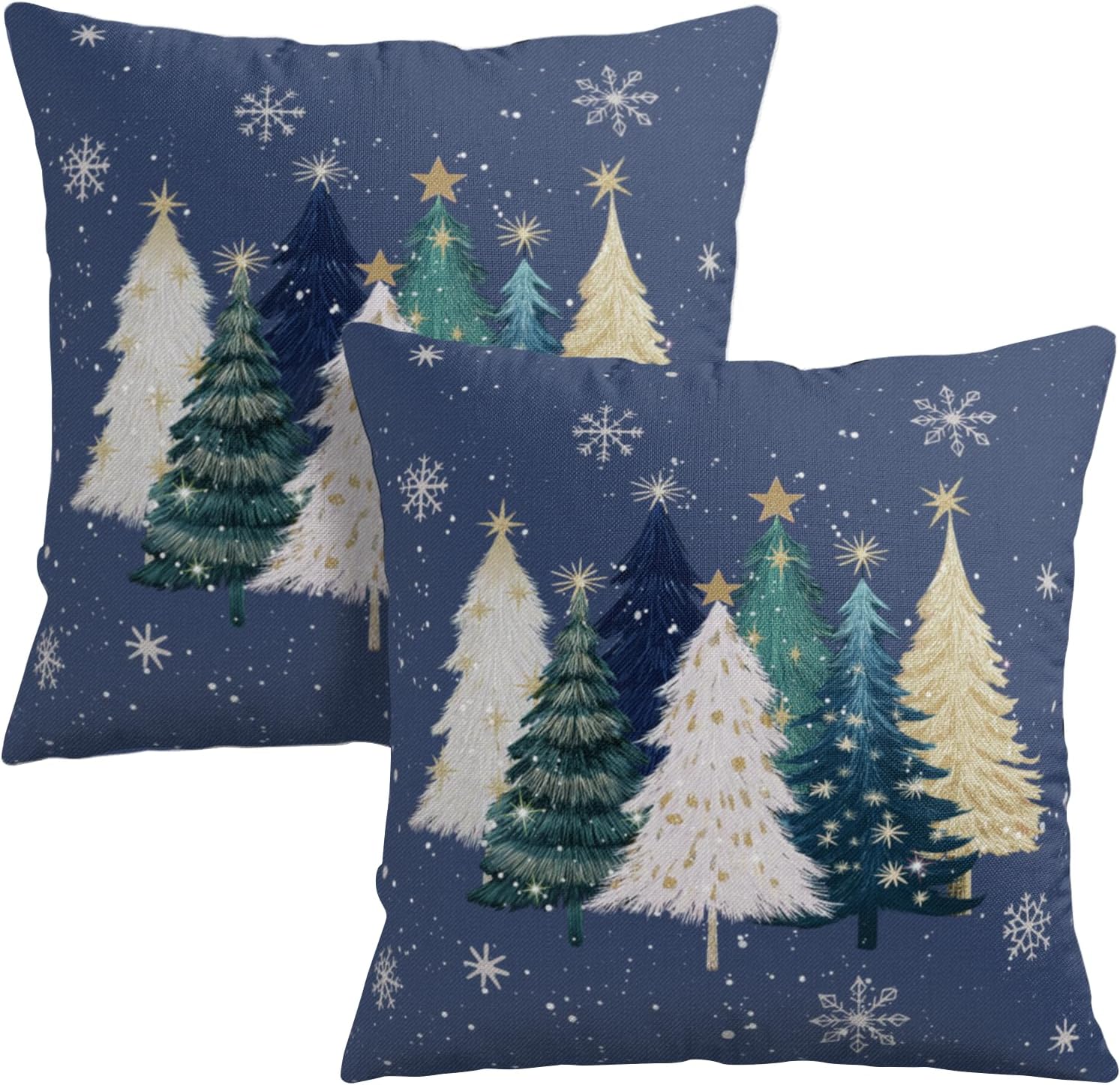 Blue Christmas Pillow Covers 24x24 Set of 2 Teal White Gold Xmas Tree Snowflakes Decorative Outdoor Throw Pillow Cases Winter Holiday Farmhouse Cushion Cover for Sofa Couch Patio