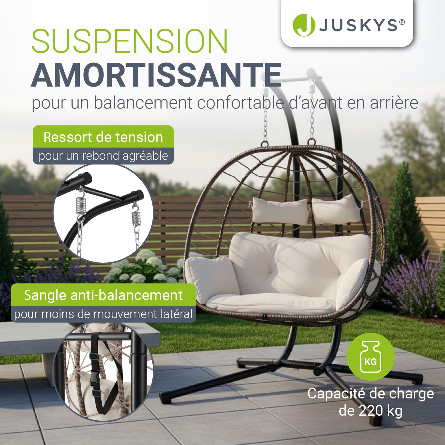 Fauteuil Suspendu Double Aria de Juskys - Fauteuil Suspendu en polyrotin avec Support & Coussins - balancelle pour Deux Personnes - Fauteuil d'extérieur/d'intérieur - Panier XXL Beige
