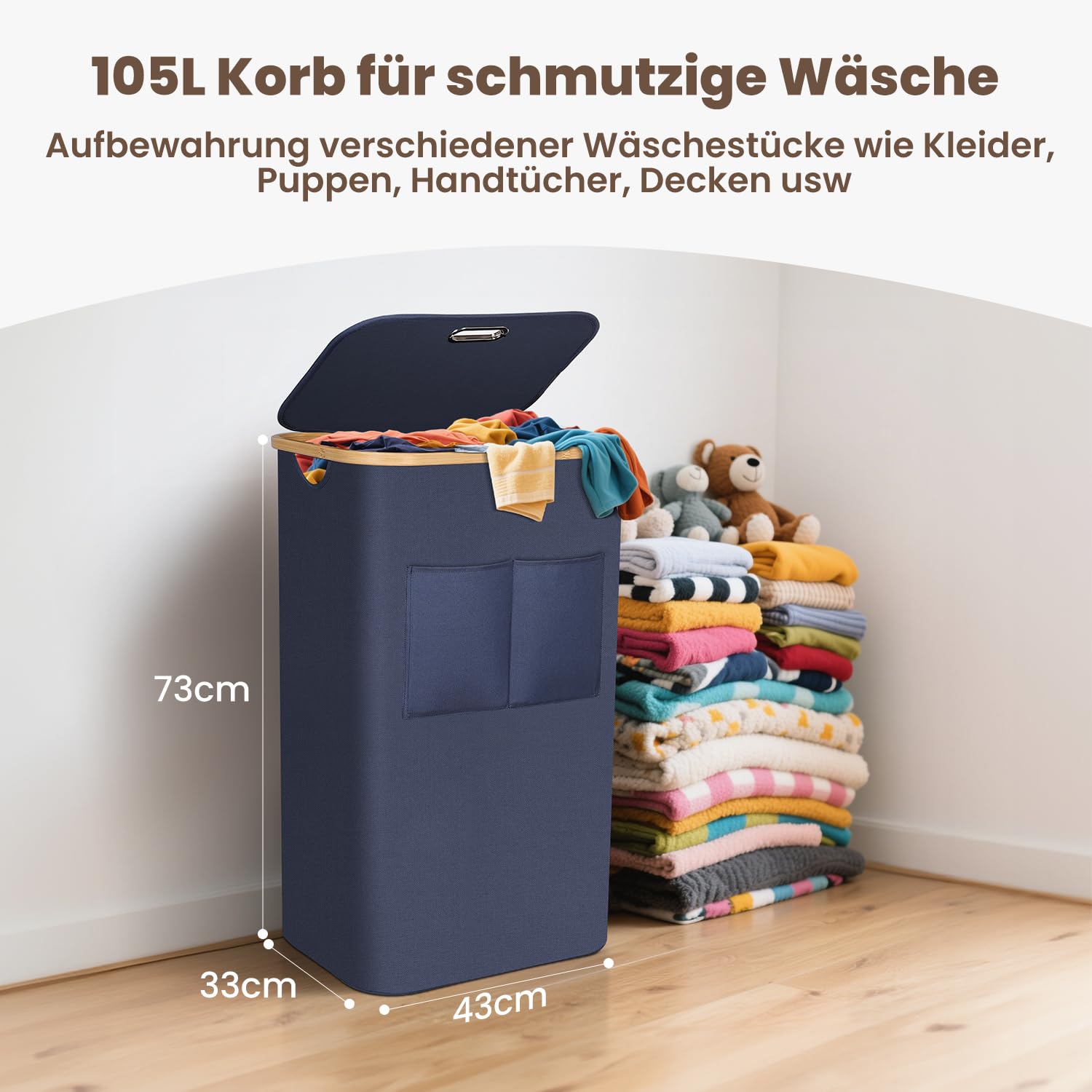 150L Wäschekorb Mit Deckel & 2 Fächern – Faltbar, Aus Oxford-Stoff, Für Bad & Schlafzimmer (57x38x70 Cm)