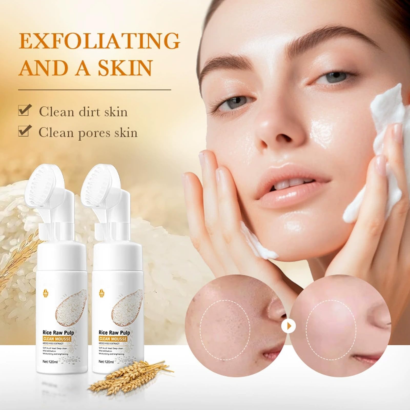 Schiuma Detergente Al Riso, Schiuma detergente per Riso, Cleanser Gesicht,Pulizia Del Viso Al Riso Con Spazzola In Silicone, Schiuma per la Cura Contro la Pelle Sporca Del Viso Cleanser-4