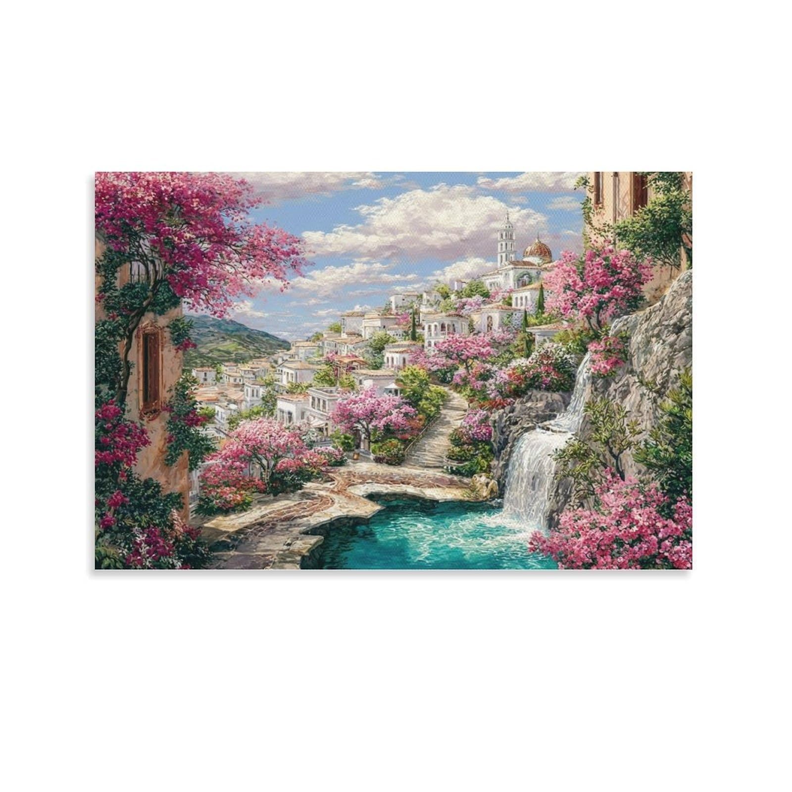CPLVKWRQJ Spring Village Scenery Individual Cliff Village Waterfall Full of Pink Blooms Wall Art Decor - Office Wall Focal Art Multi-Purpose Fade Resistant Decor 24x36inch(60x90cm)