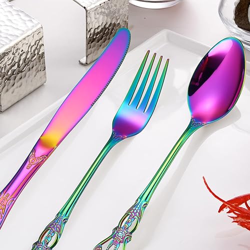 Miniatura 313 de A·HOUSEWARE - Juego de cubiertos iridiscentes con diseño hueco, 20 piezas, acero inoxidable, incluye tenedores, cucharas, cuchillos, utensilios